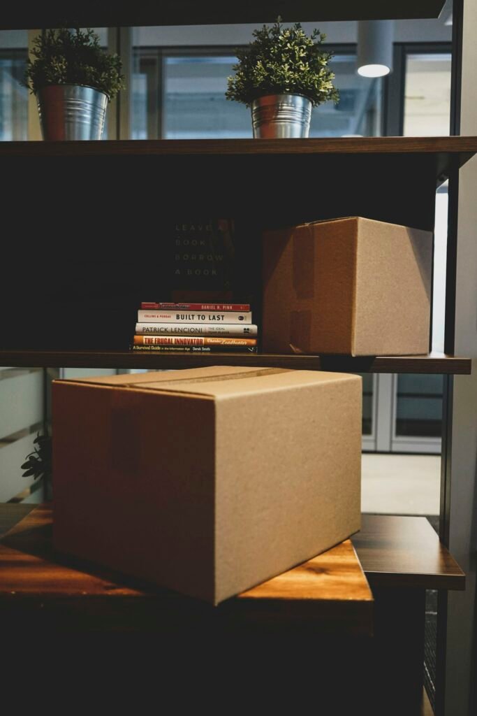 Two brown boxes on a rack